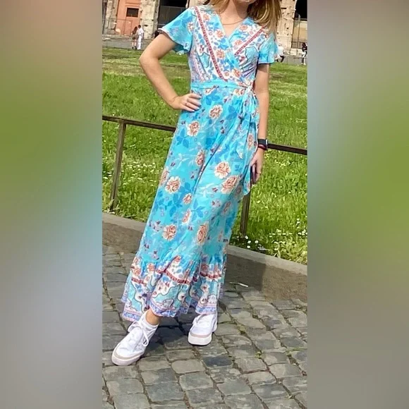 Floral Blue Wrap Maxi Dress - Picture 1 of 5